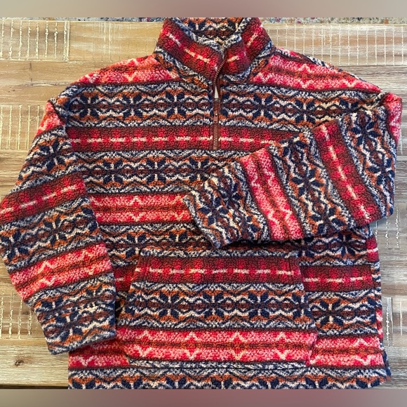 American Eagle Red Fairisle tribal fleece Sherpa pull over Sweater 1/4 zip sz.M - Picture 3 of 9